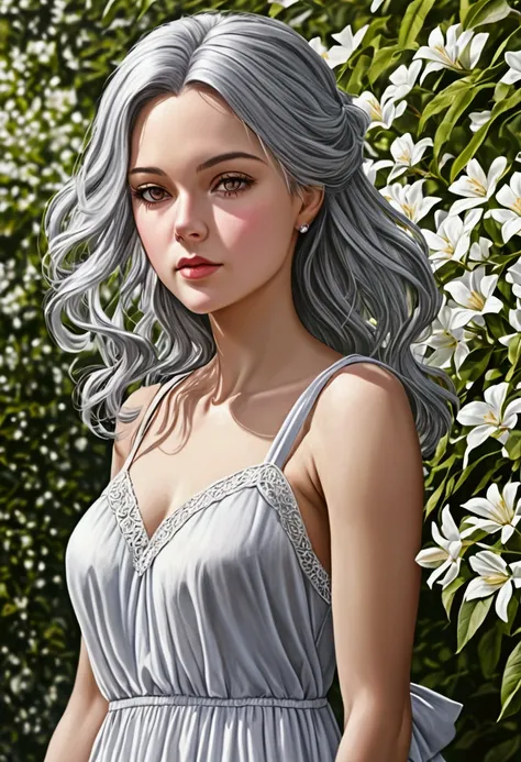 Silver haired woman in dress, 1woman, solo, sundress, photorealistic, realism, realistic, human