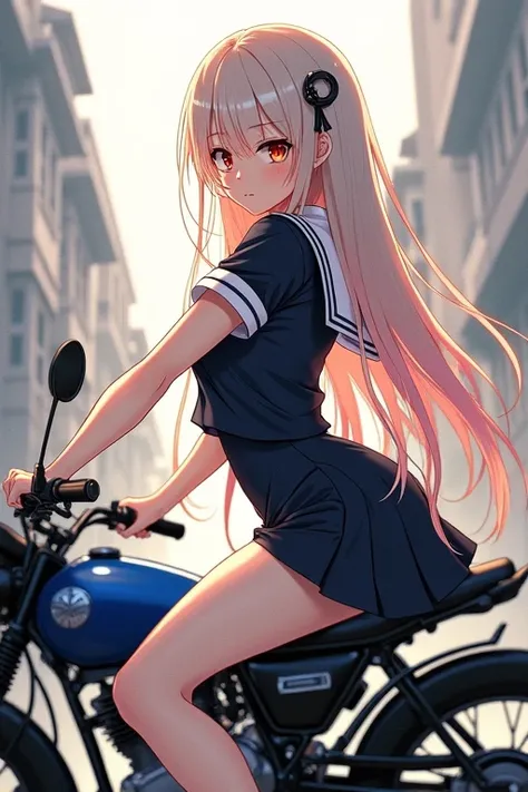 Platinum bronze long hair 、Red eyes、 College Student 、Ride a motorcycle 、 No Emotion、 hair inner color light pink purple、Short dark blue sailor suit with short sleeves 、 black hairpin 、Ahoge、 mature