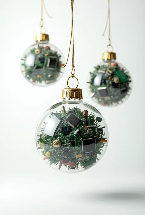 Create Christmas balls with computer products inside and white background 