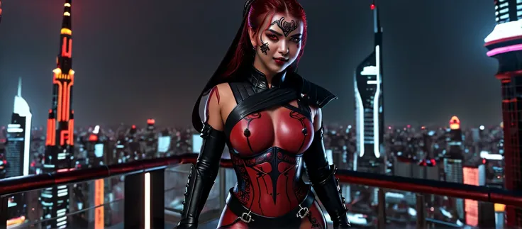 Photorealistic two beautiful female sith warriors, with complete red skin and black tattoos on face, with a peaceful smile on her face (open mouth:0.4), long dark red hair in (one) thick braid. She is wearing black shiny leather armour with a black cape wi...