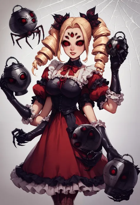 Spider girl. Lady. Twin drill hair. Blonde hair. Red eyes. Horror eyes. Black and red dress. Frills. Dark fantasy. Multiple arms. Sharp claws. Spider web tattoo on face. Rib-style armor. Carries a lantern in hand. Spider web dress. Insect legs. Spider-them...