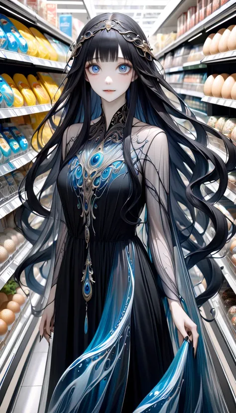 solo。
 realistic drawing。High image quality。 High Quality 。
 dark colored straight long hair 。 supermarket。 with a transparent plastic case containing eggs 。Long nails。Looks happy。
 slender。Droopy eyes。 Inspired by the Greek mythology Scylla 。 it is an ele...