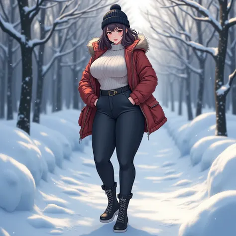 Full body Anime adult sexy big boobs girl  in a winter outfit, keeping the sweater but adding a winter jacket around her shoulders and winter style pants and shoes.