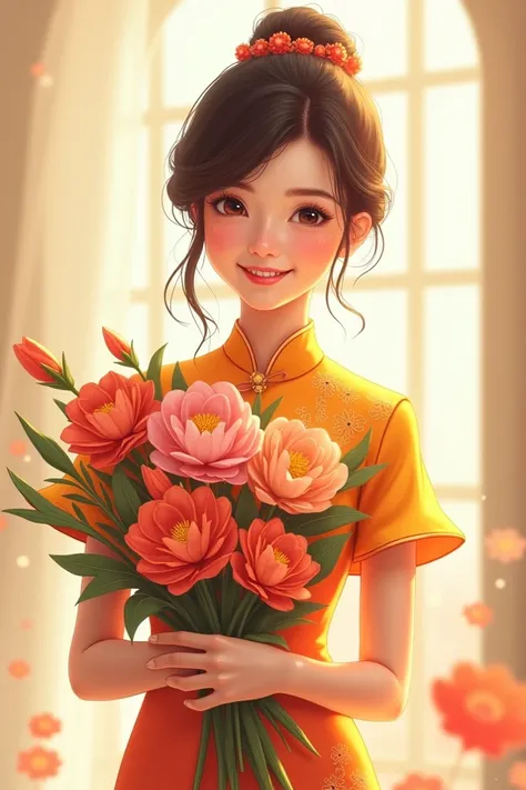 Happy teachers day, a pretty girl, wear ao dai, smile, holding flowers