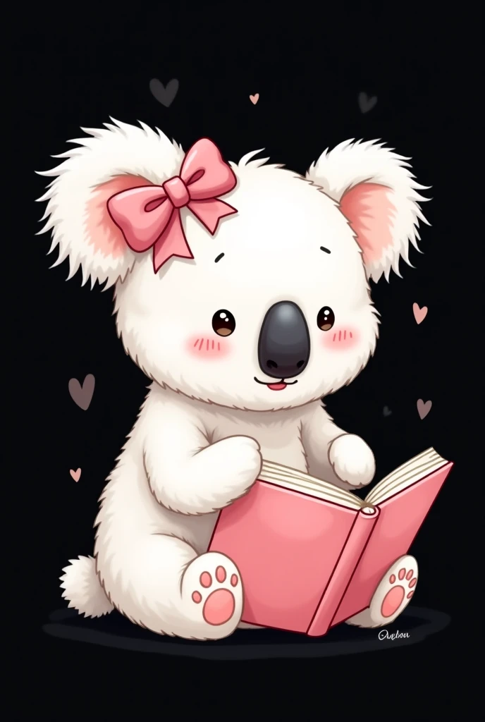  PNG drawing of a white koala with a ribbon on her pink head, drawing in a pink notebook , with black background,  in front 