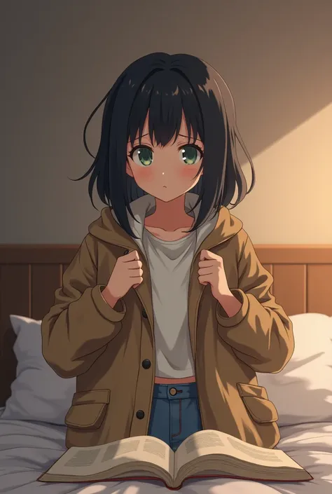  A scene depicting a  holding a jacket that seems too big,  symbolizing discomfort with what others saw .
Visual Elements, how toys in neutral tones or open books ,  can reinforce the idea of questioning and growth .
In anime with black hair in the bedroom...