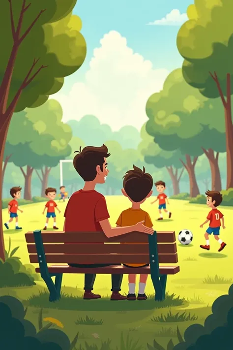 A cartoon of A  sits on the bench with his dad in the park and watch other ren playing football.