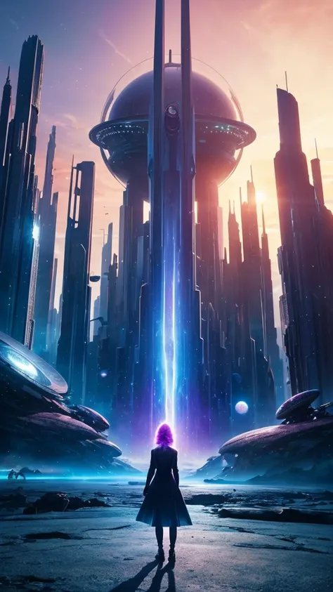  A woman stands in front of a picture of a planet, futuristic city in the background ,  psychetrance artwork , Human Life Forms Connected to Each Other , Panoramic view of a girl,  progressive rock album cover, An endless dream, Stardust, galaxy, Stoner Ro...