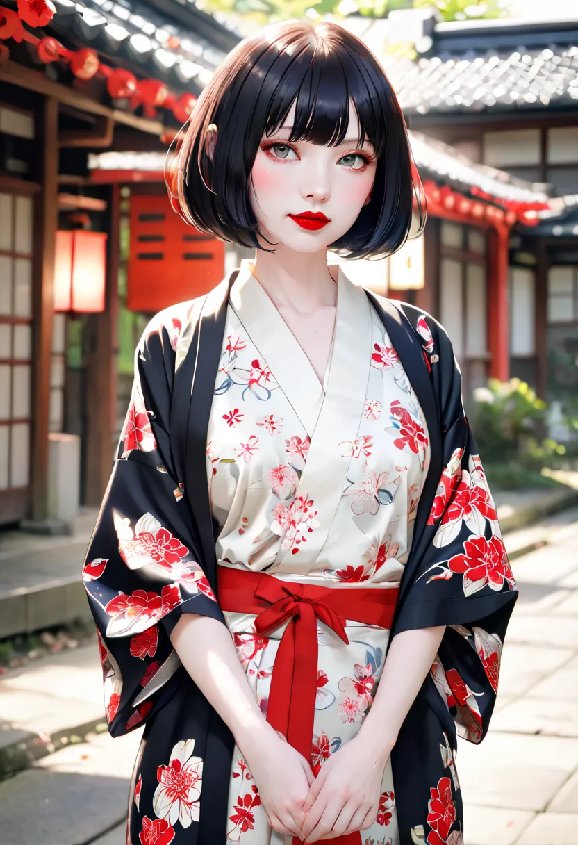 best quality, anatomically correct, throw,  pale skin , Bob cut, sparkling eyes, Red lipstick, Yukata