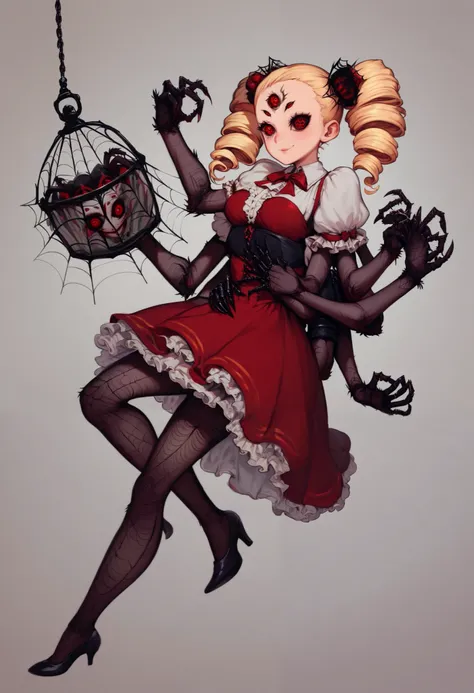 Spider girl. Lady. Twin drill hair. Blonde hair. Red eyes. Horror eyes. Black and red dress. Frills. Dark fantasy. Multiple arms. Sharp claws. Spider web tattoo on face. Rib-style armor. Carries a lantern in hand. Spider web dress. Insect legs. Spider-them...