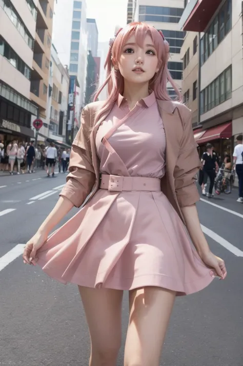 masterpiece,  best quality,  high definition ,  absurd,  1 girl, crowd,  skirt,  pink hair, gasai yuno, from below ,  revealing ...