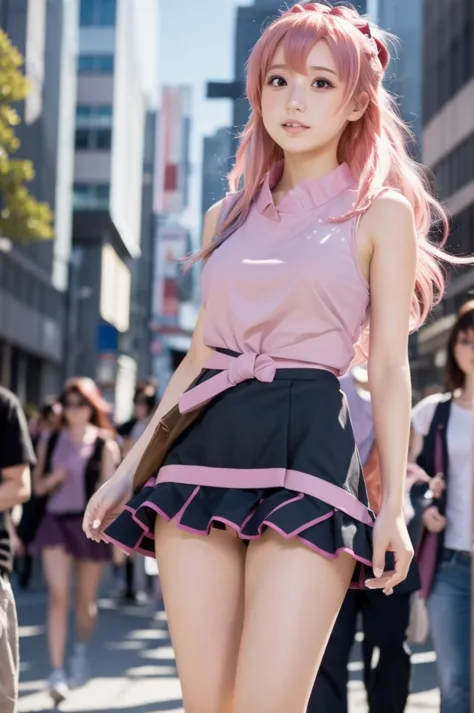 masterpiece,  best quality,  high definition ,  absurd,  1 girl, crowd,  skirt,  pink hair, gasai yuno, from below ,  revealing ...