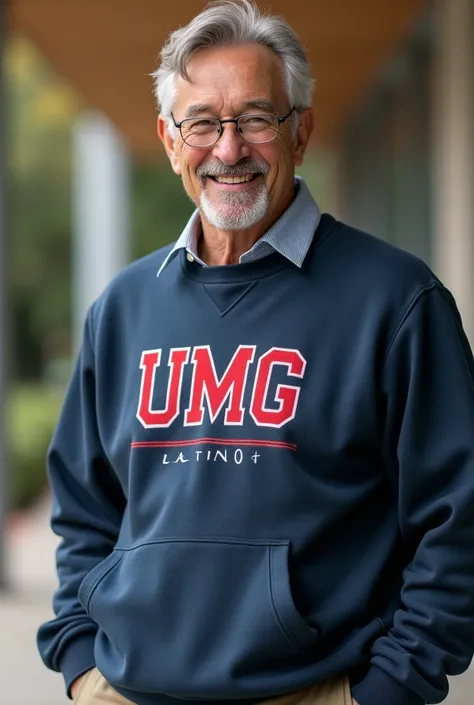 Male university professor wearing a sweatshirt that says UMG Latino , middle age