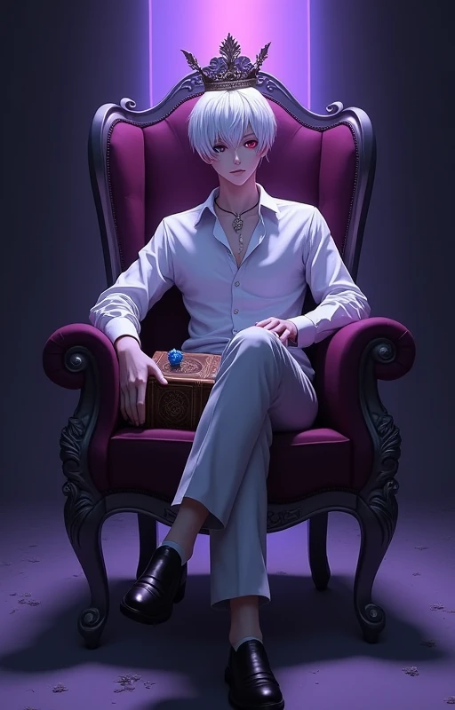 make a cover in a dark style, there should be a purple light and in the middle there should be a chair on which a handsome teenager sits, he has white short hair, a turned up nose, one black pupil and one crimson pupil, he is dressed in elegant white shirt...