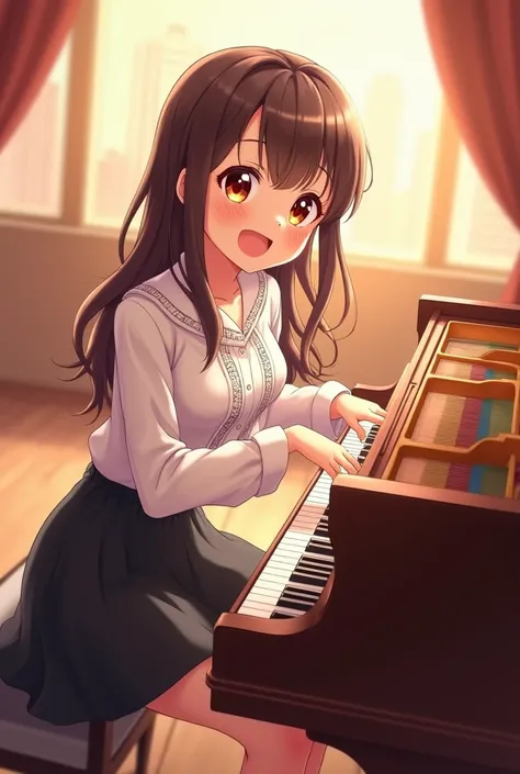 Anime girl playing the grand piano front facing full body smile 