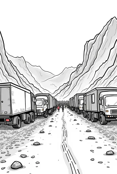  A black and white cartoon image of a blocked road ,  based on the Andes and Bolivia  ,  line and drawing containing some stagnant trailers , people blocking  