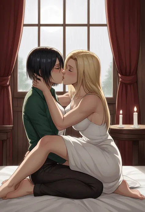 score_9, score_8_up, score_7_up, BREAK source_anime, historia reiss, blue eyes, blonde hair, long hair, medium breasts, long white dress sleeveless,female black hair soldier hugs historia,Mikasa with historia hugs,mikasa wreanig open green jacket and black...