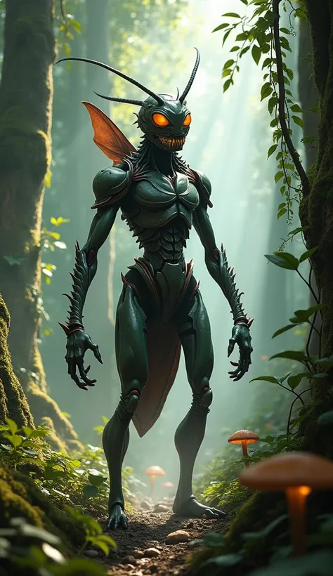 A hyper-realistic depiction of a human-ant hybrid in the middle of a dense jungle. The creature has a humanoid body with chitinous armor covering its limbs, a segmented abdomen extending from its back, and elongated, insect-like legs. Its face combines hum...