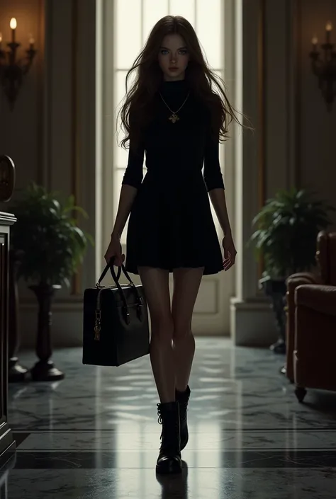 Give me a dark and exact image where an 18-year-old girl is walking in the lobby of a luxurious hotel, an 18-year-old girl with long brown hair, blue eyes, wears clothing, that is, black, a black dress that reaches her knees, snug her body with a neckline ...