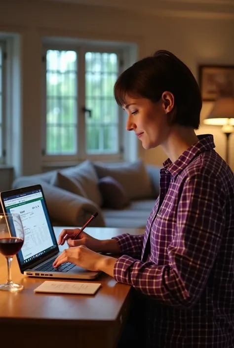  La Image shows a woman sitting in front of a laptop in an indoor environment, possibly a house .  He wears a purple checkered shirt and has short hair .  His hands are positioned on the laptop keyboard ,  as if you were writing .  On the computer screen y...