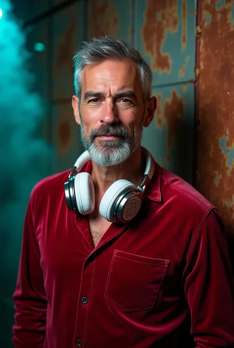 A striking editorial photograph featuring a handsome man in his .30s, with short   grey hair and a grey beard. He is wearing a modern,  ,  He WEARS  RED Velvet Relaxed Fit Shirt. A dazzling pair of white and silver headphones are prominently displayed arou...