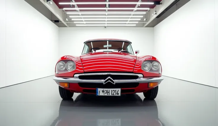 A photo of a red 2025 Citroen ds 21 . parked in the middle of a bright, modern gallery with smooth, reflective floors. The car is displayed from the from the front  . the tube lights light are reflecting on the car and makings line on the car. The gallery ...