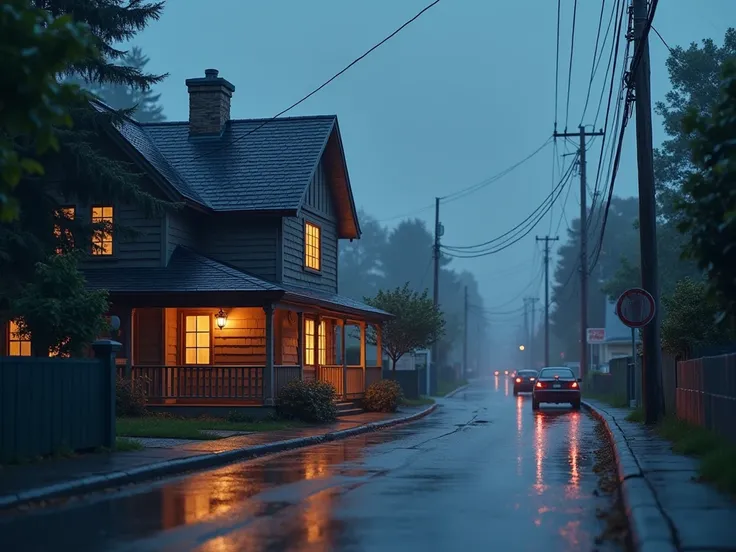 a house with a porch ,  the edge of the main street with parked cars, In a rainy climate . 3D style disney