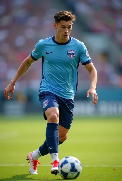 A footballer/ defense: Age:  25 years height 1 ,81 m ,  athletic build,  lightly combed dark brown short hair,  blue eyes . uniform: light blue t-shirt,  navy blue shorts , navy blue tights ,  Nike ankle boots white with red , Kicking the ball 