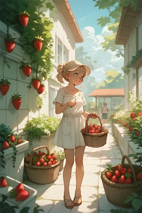 A young girl with a basket of strawberries and a laundry basket full of clothes, standing in a garden with a clothesline in the background.