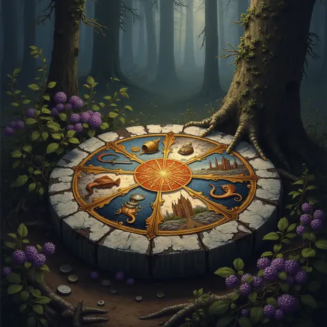 (, a wheel with sectors depicted on a stone lying on the ground in the forest,, a bush of purple berries grows nearby . the wheel with sectors depicted on birch bark glows with a magical glow ). ( The sectors depict a sea serpent , Bag of money, cornucopia...