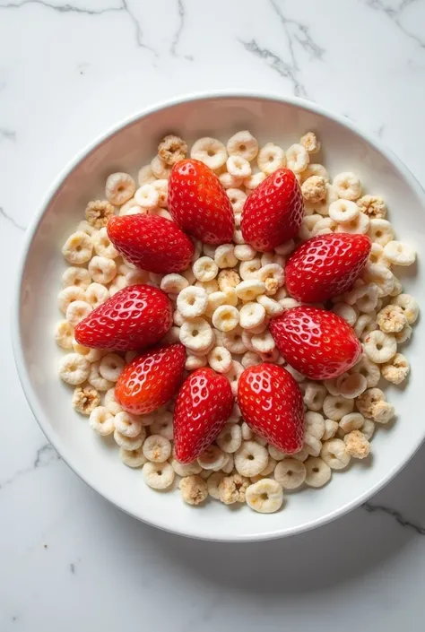  A round plate of white cereal ,  with granola cereal and chunks of diced strawberry, Seen from the angle
