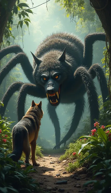 Wolf in front of a tarantula in the jungle