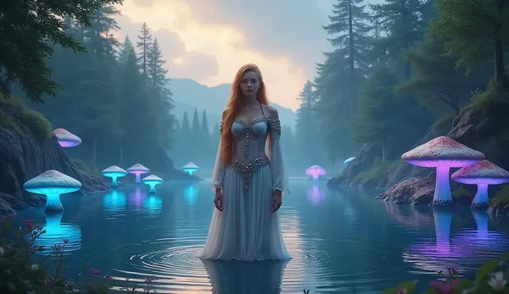 A beautiful, lush young woman with long hair is standing in a lake and in the middle of the forest, she is wearing a long, ornate, luminescent medieval dress. The woman has honey-colored hair and honey-colored eyes. She stands with determination, and a sma...