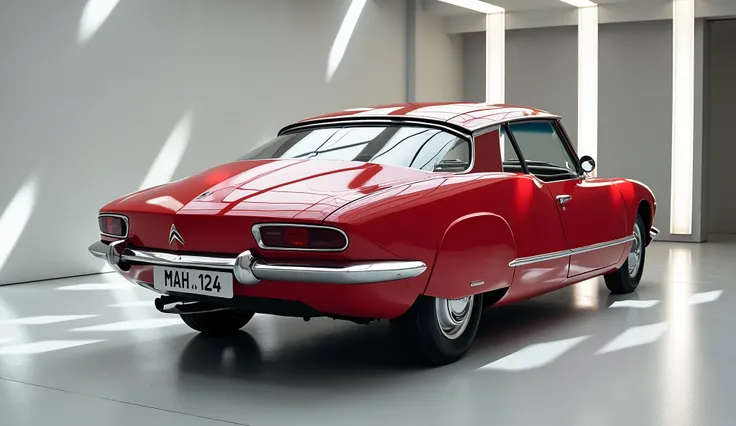 A photo of a red 2025 Citroen ds 21 . parked in the middle of a bright, modern gallery with smooth, reflective floors. The car is displayed from the from the back and doors side   . the tube lights light are reflecting on the car and makings line on the ca...