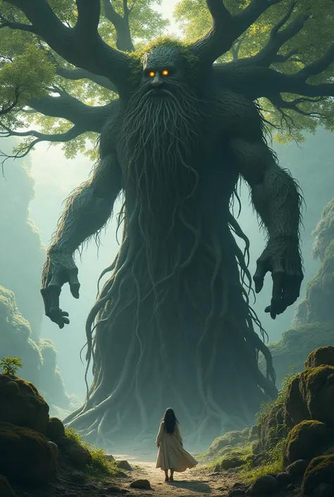 The image depicts a mythical creature, an ancestral and powerful being that seems to have emerged from nature itself. Its shape is that of a gigantic tree, with deep roots and branches that extend in all directions, forming a humanoid body.
The main figure...