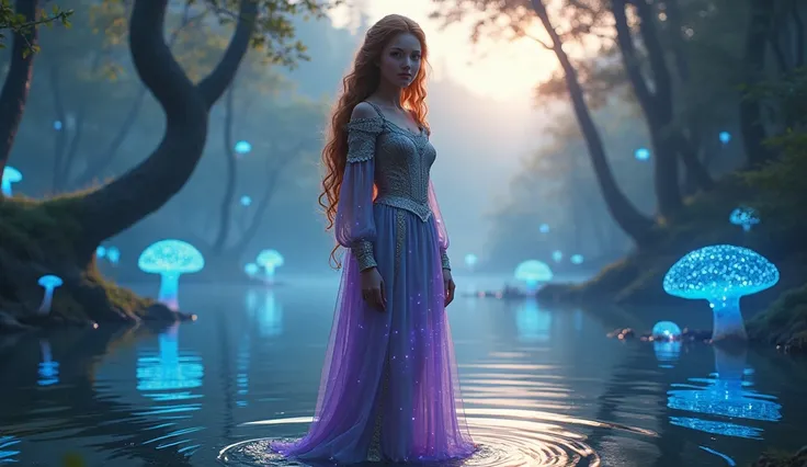 A beautiful, lush young woman with long hair is standing in a lake and in the middle of the forest, she is wearing a long, ornate, luminescent medieval dress. The woman has honey-colored hair and honey-colored eyes. She stands with determination, and a sma...