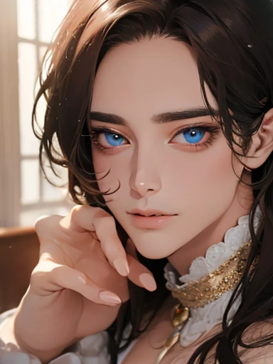 a male character with beautiful detailed eyes, detailed lips, extremely detailed face, long eyelashes, perfect face shape, no errors, naughty expression, sticking out tongue, different colored eyes, in a palace room, (best quality,4k,8k,highres,masterpiece...