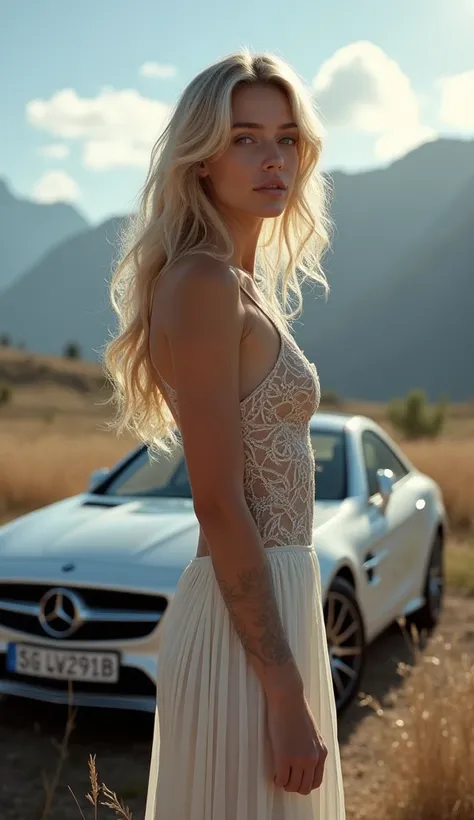 A magnificent woman, blonde,  tower standing in front of a Mercedes, In front of the Eifell 