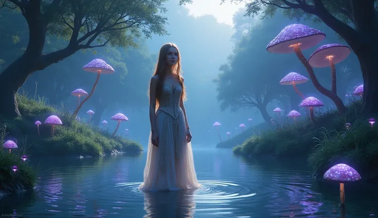 A beautiful, lush young woman with long hair is standing in a lake and in the middle of the forest, she is wearing a long, ornate, luminescent medieval dress. The woman has honey-colored hair and honey-colored eyes. She stands with determination, and a sma...