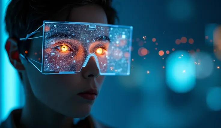 A close-up of a person’s face with glowing eyes, reflecting a 3D holographic video playing in front of them. The video shows vibrant, immersive imagery, and the background fades into a futuristic digital space, emphasizing the mind-powered experience.