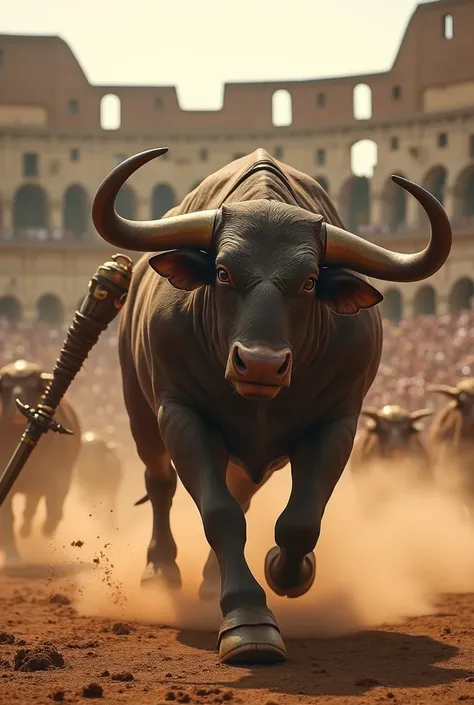 Picture a Gladiator-Bull hybrid charging forward in a dusty Roman coliseum. This creature has the imposing build of a muscular bull, its broad chest and thick neck protected by bronze gladiatorial armor. Its humanoid arms are wrapped in leather straps, and...