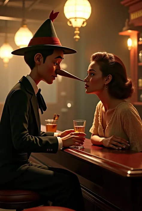 Vintage view , Pinocchio dressed in the 50s now an adult with his long nose drinking a drink and talking in a sensual way to a pretty girl in a classic bar from the 50s and the girl is scared as her nose grows while sitting at a bar