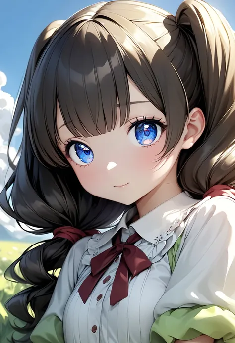  blue sky,  White Clouds , Sunny meadow 、(1 person,  cute young woman, Age 15, medium bust ,  black hair,  twin tails、Big red ribbon、Blue Eyes),delicate beautiful eyes , eyes are drawn in detail , high definition , masterpiece, pictures of girls , cute and...