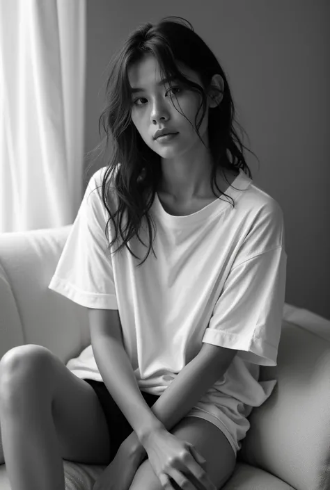 A black-and-white portrait photograph of a young woman sitting on a light-colored fabric couch. She has wet, dark hair that appears slightly disheveled and wears an oversized white crew neckline T-shirt and black bikini-style underwear. Her posture is casu...