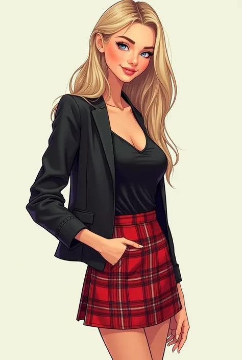 Generate an comic book digital art style image of Iris Watson, an 18-year-old girl with light skin and light blue eyes. She has long, straight blonde hair that reaches the middle of her back, in a loose hairstyle. Iris is wearing a fashionable outfit: a bl...