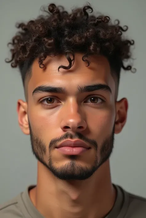 A male, aged 26 or 28
mixed man, brown eyes, curly short hair cut into a taper fade, fair complexioned, has a fair jawline and a goatie beard. 
