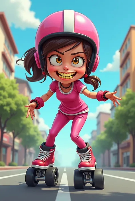  imagine the comical and very realistic cartoon of a teenage girl skating on the street with 4-wheel skates for each skate.  She wears pink and wears a big motorcycle helmet . She smiles straight ahead and has very yellow teeth . She looks like Nerd 