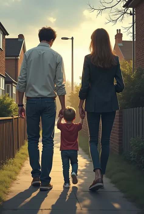 Illustration realiste de 3 personnes : un enfant (7ans) avec son napper qui lui donne la main(homme) et une enquetrice (femme) en arriere plan qui enquête. De nos jours et dans une banlieue isolé en angleterre