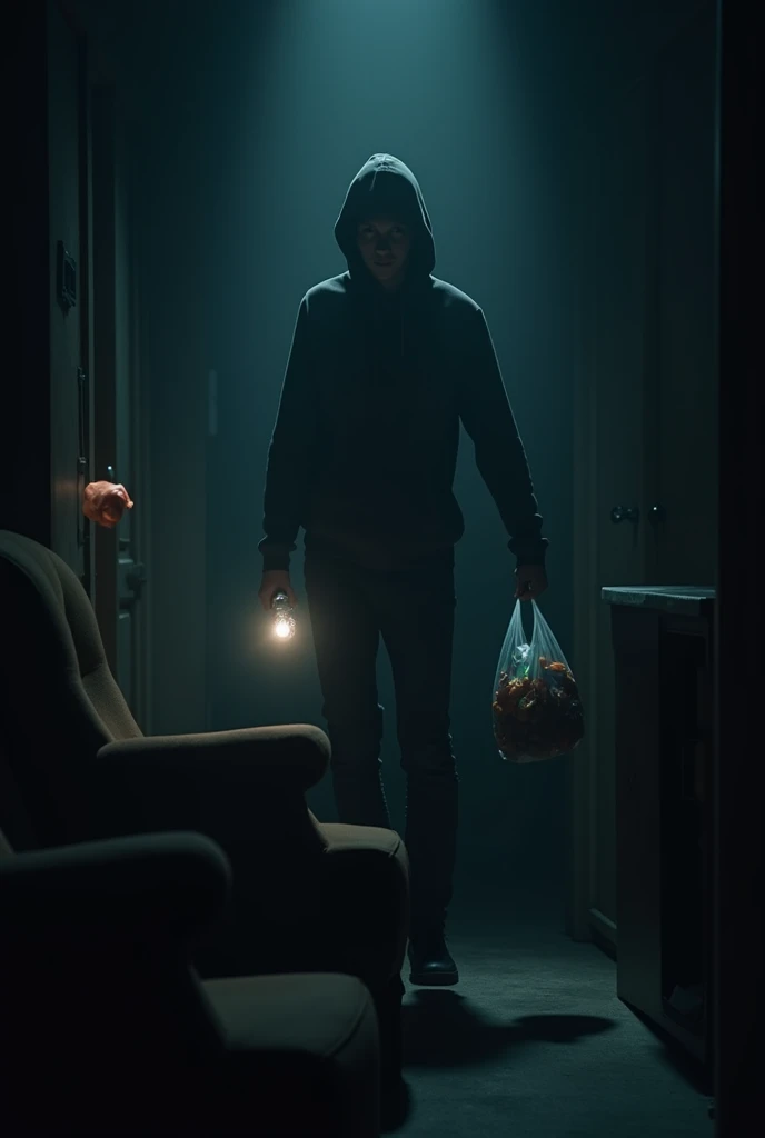 a person with a flashlight illuminating a room while holding a bag with food in their other hand while shining an armchair