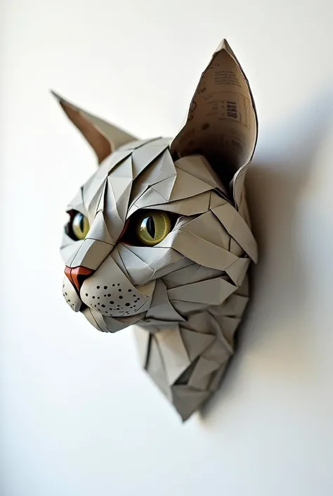 A stunning origami masterpiece depicting a lifelike cats head, masterfully constructed from crumpled old newspapers. The cats face showcases a captivating range of grey and beige shades, with a striking gaze that captures the viewers attention. The intrica...